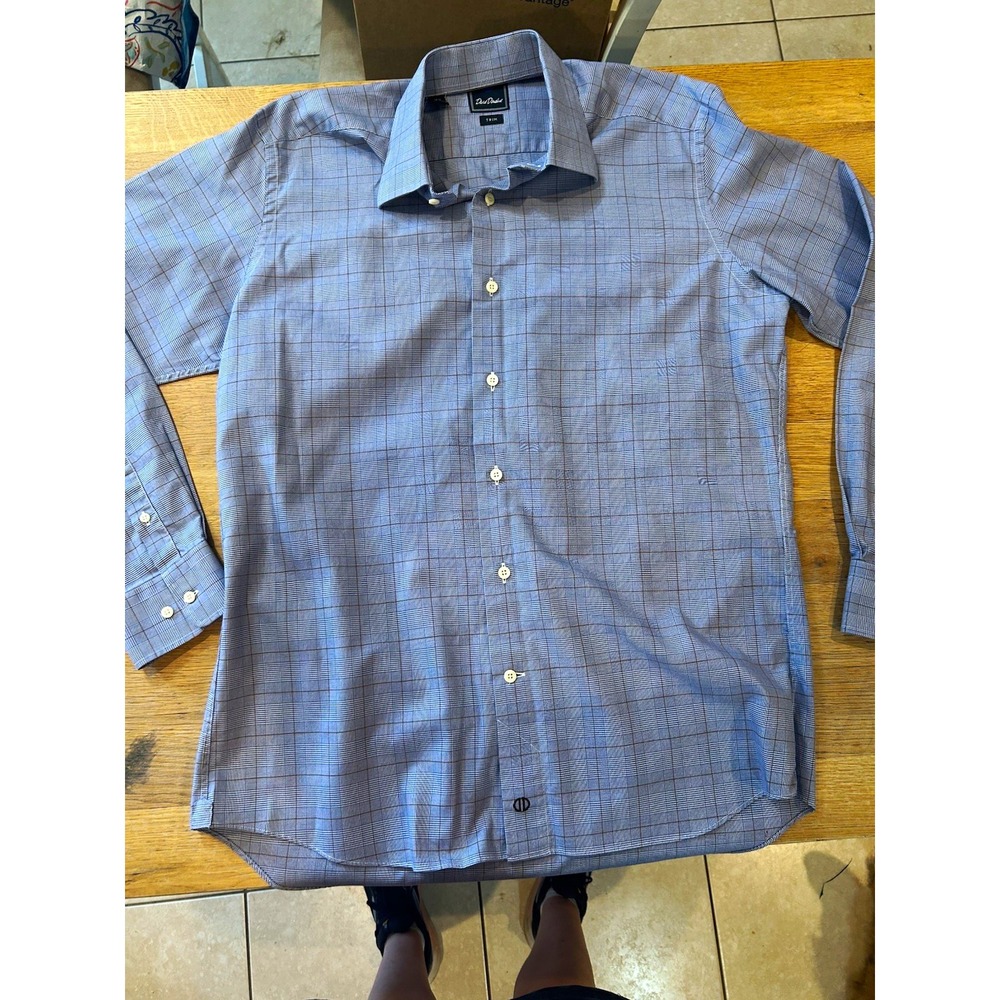 David Donahue Trim Fit Blue Check Non-Iron Cotton Dress Shirt 16.5 34/35